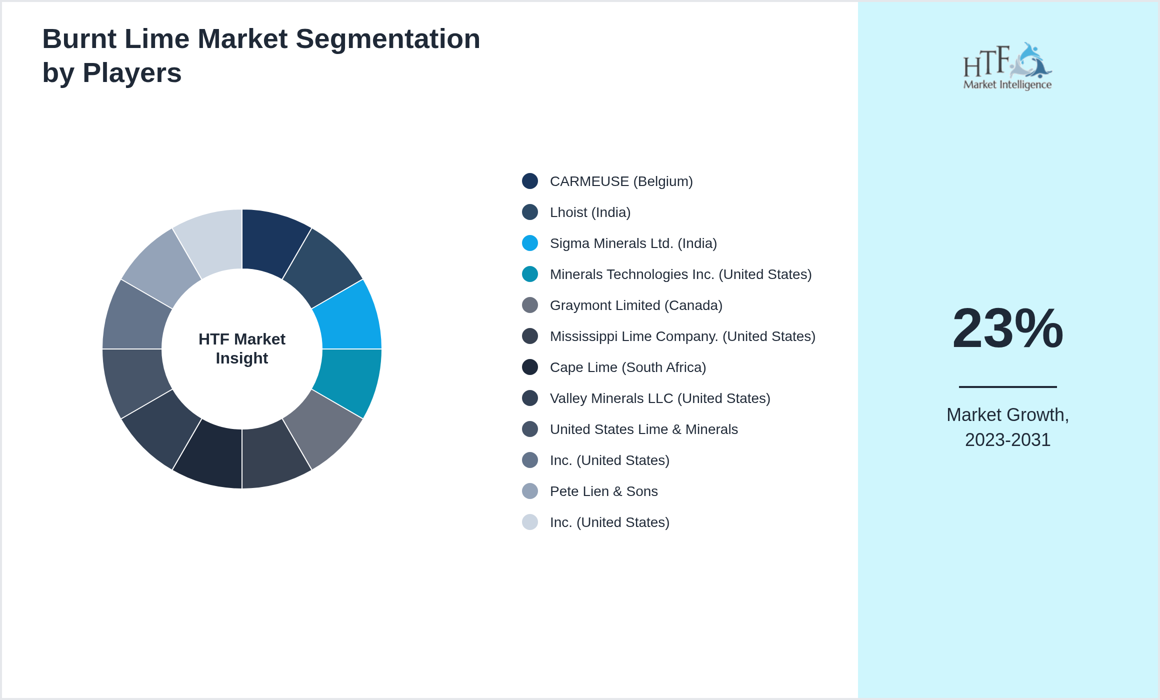 Burnt Lime Market analysis for CARMEUSE (Belgium), Lhoist (India), Sigma Minerals Ltd. (India), Minerals Technologies Inc. (United States), Graymont Limited (Canada), Mississippi Lime Company. (United States), Cape Lime (South Africa), Valley Minerals LLC (United States), United States Lime & Minerals, Inc. (United States), Pete Lien & Sons, Inc. (United States)